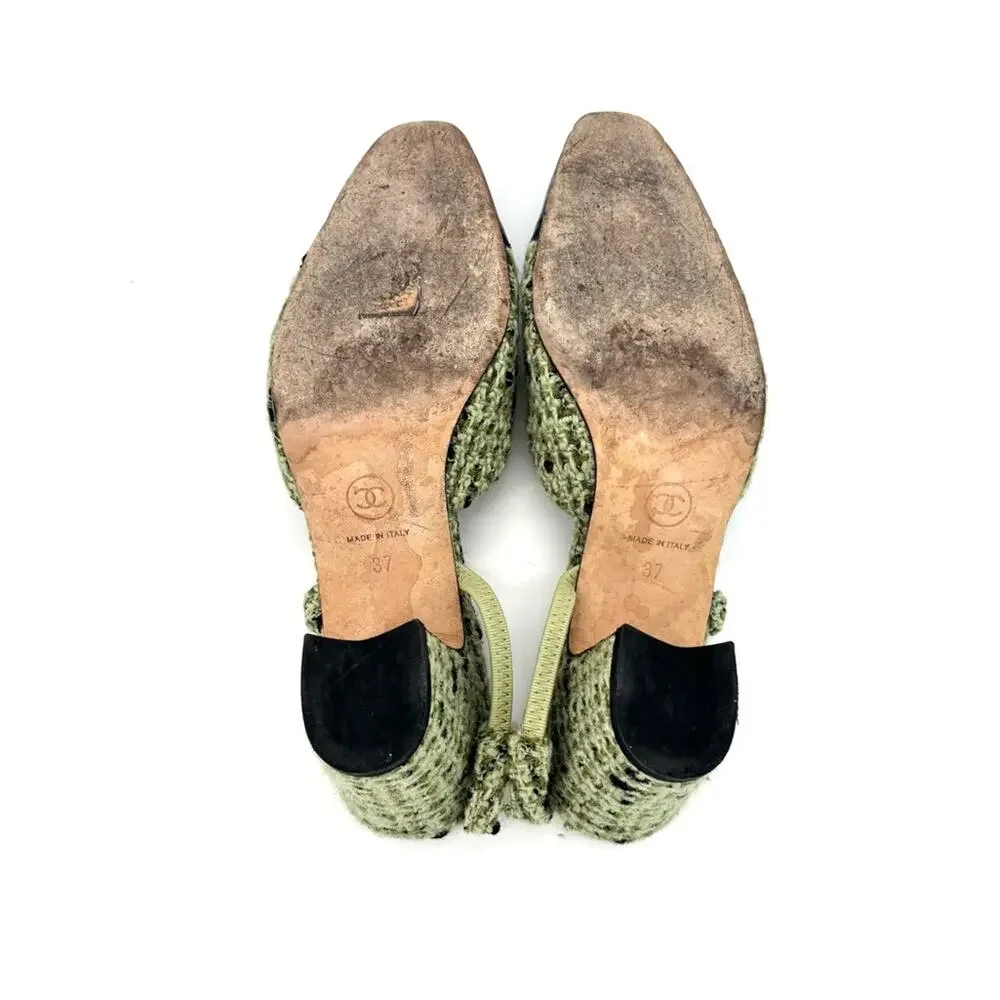 Chanel CC Logo Green Wool Tweed Patent Cap Toe Slingback Heeled Sandals 37